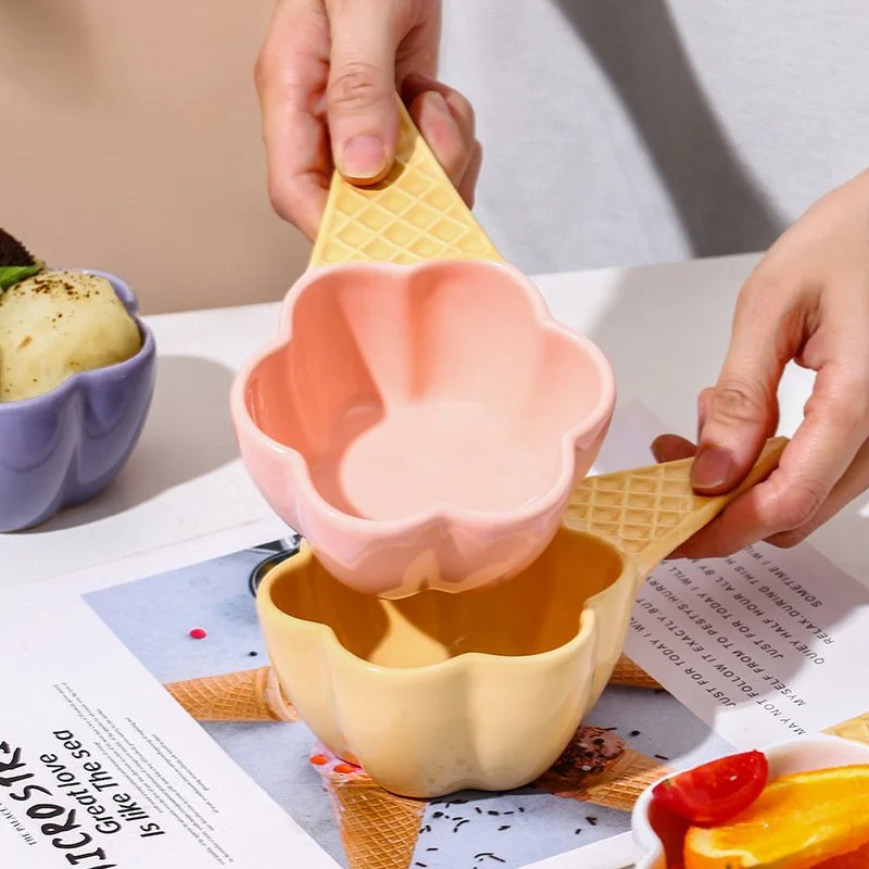 Cute Korean-Style Ceramic Dessert & Ice Cream Bowl with Handle