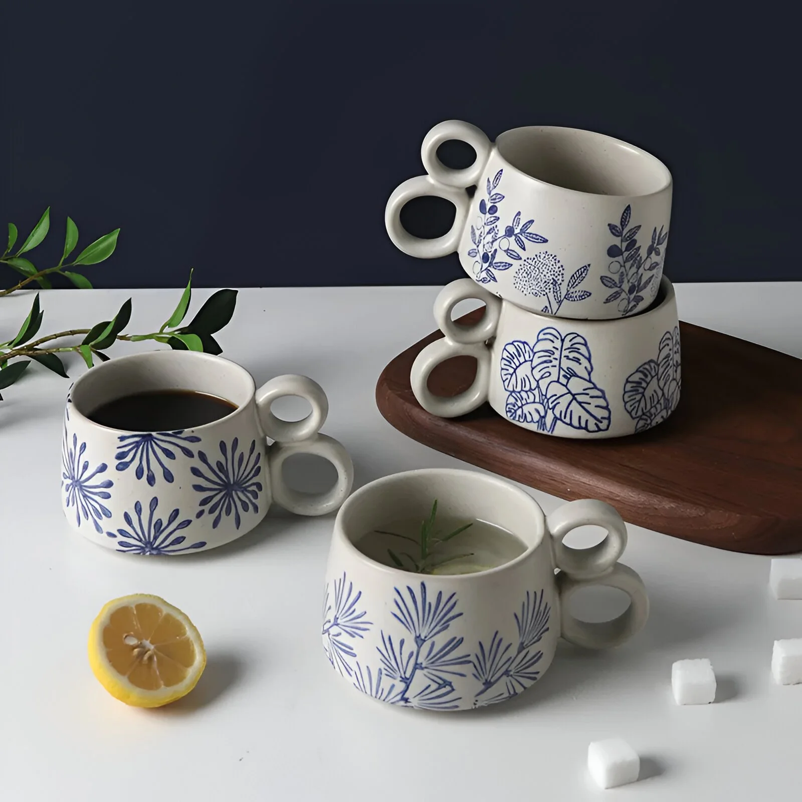 Hand Painted Blue and White Glaze Mug – Retro Stoneware Coffee Cup