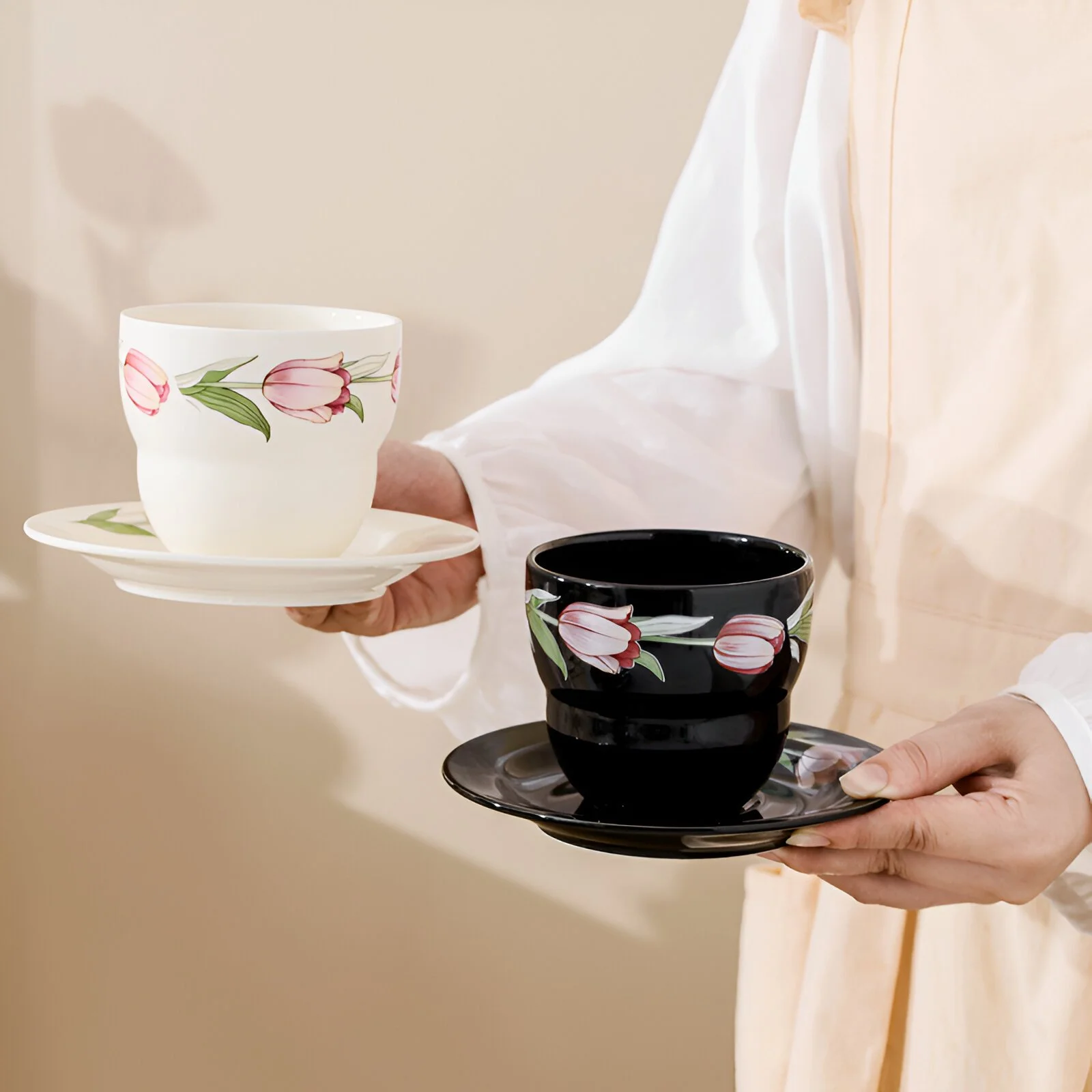 Elegant Tulip Ceramic Mug with Saucer - French Latte Coffee & Tea Set