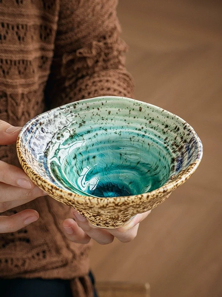 Color-Block Ice-Crack Glaze 5.5" Irregular Ceramic Dessert Bowl