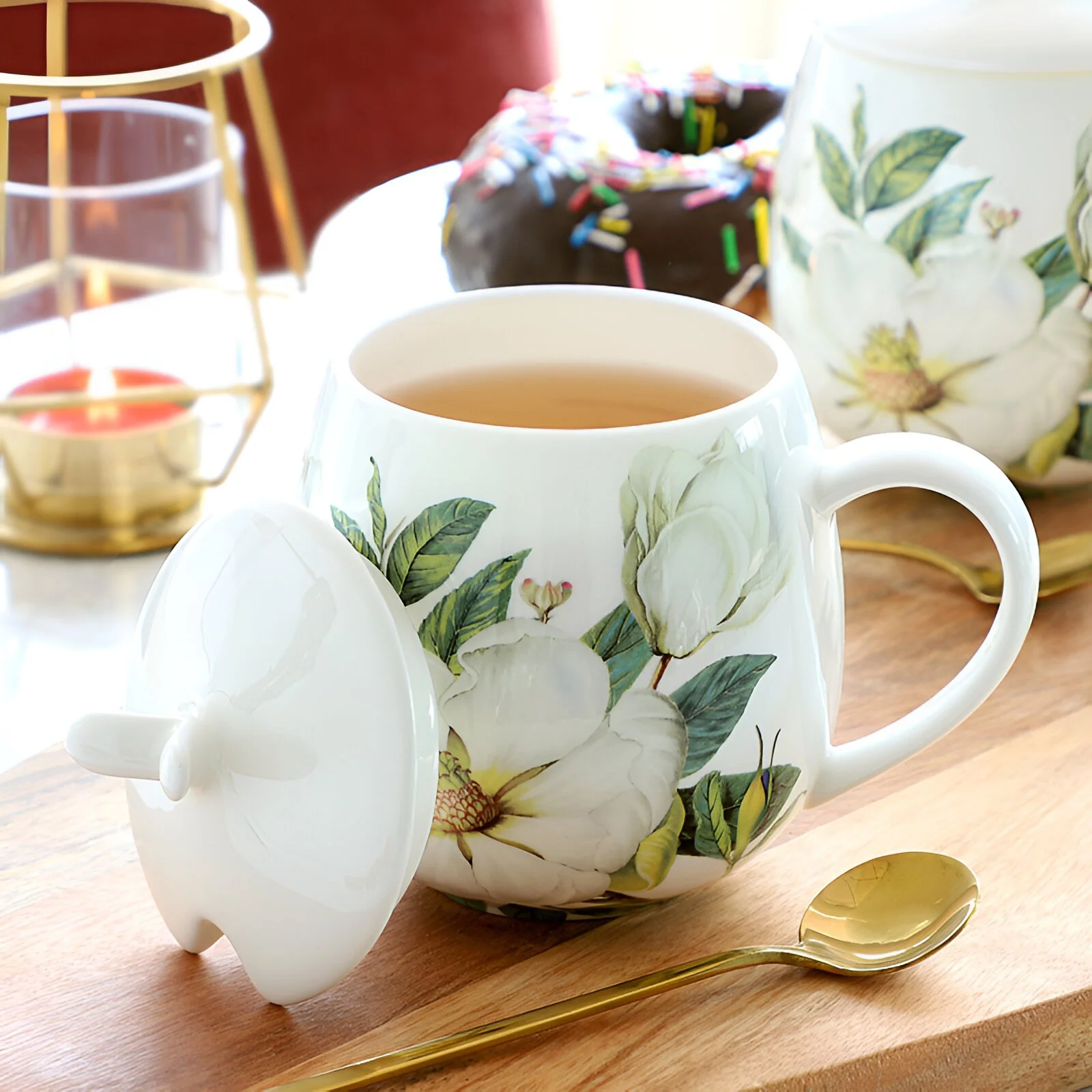 Bone China Coffee Mug Spoon Set - 400ml Luxury Ceramic Mug with Lid & Spoon