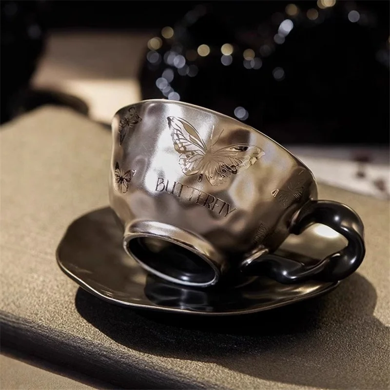 240ml Silver Ceramic Butterfly Pattern Coffee Mug & Saucer Set – Elegant Tea Cup for Home & Office