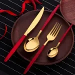 16PCS Red Gold Stainless Steel Flatware Set - Dinner Knife, Fork & Spoon Set