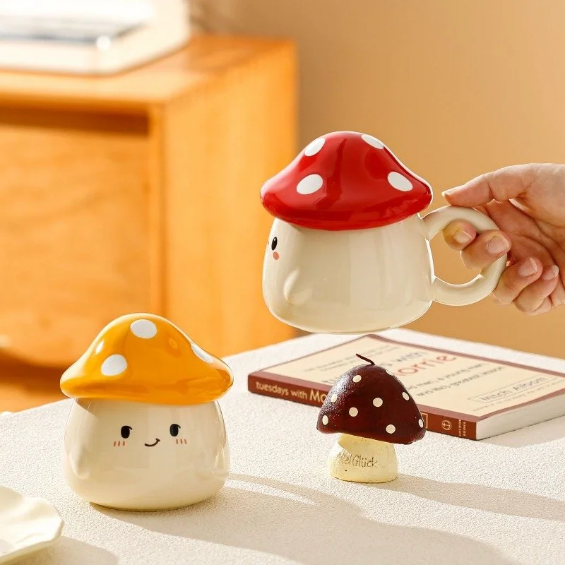 360ml Cute Ceramic Mushroom Coffee Mug with Lid – Cozy Cartoon Tea Cup