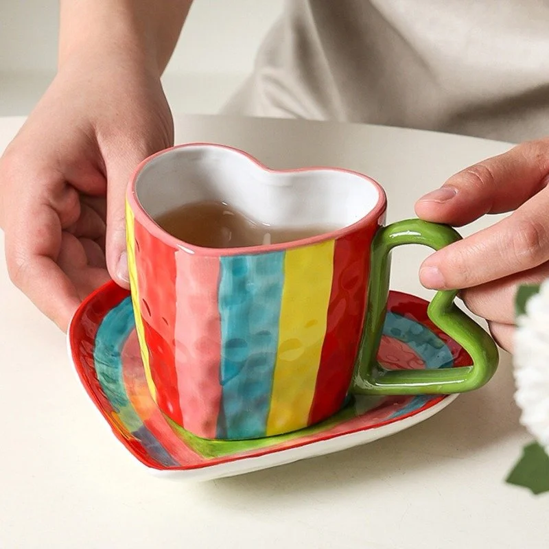 Hand-Painted Rainbow Heart Coffee Cup and Saucer Set