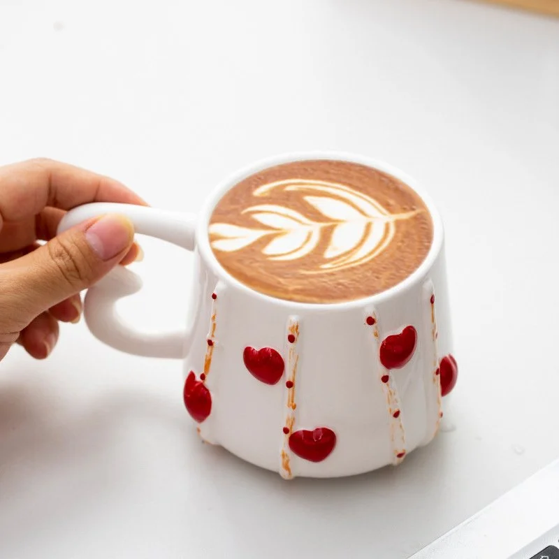 Handcrafted Pink Heart Ceramic Coffee Mug with Sculpted Grip