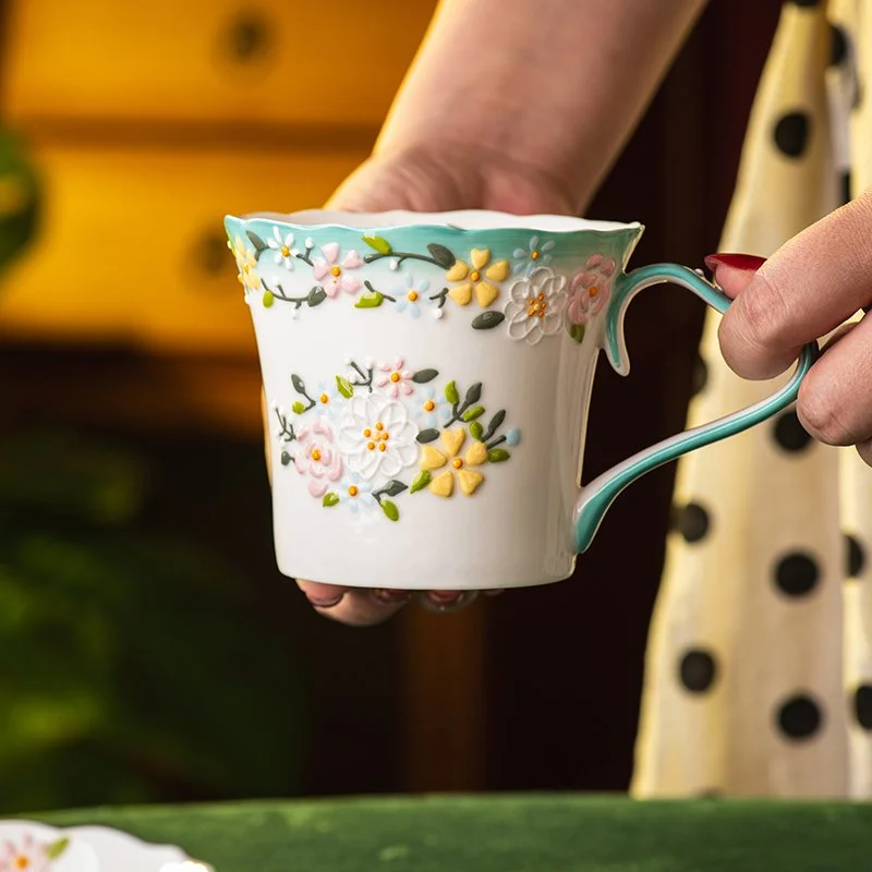 Embossed Floral Ceramic Coffee Mug 12 oz Handgrip Tea & Coffee Cup