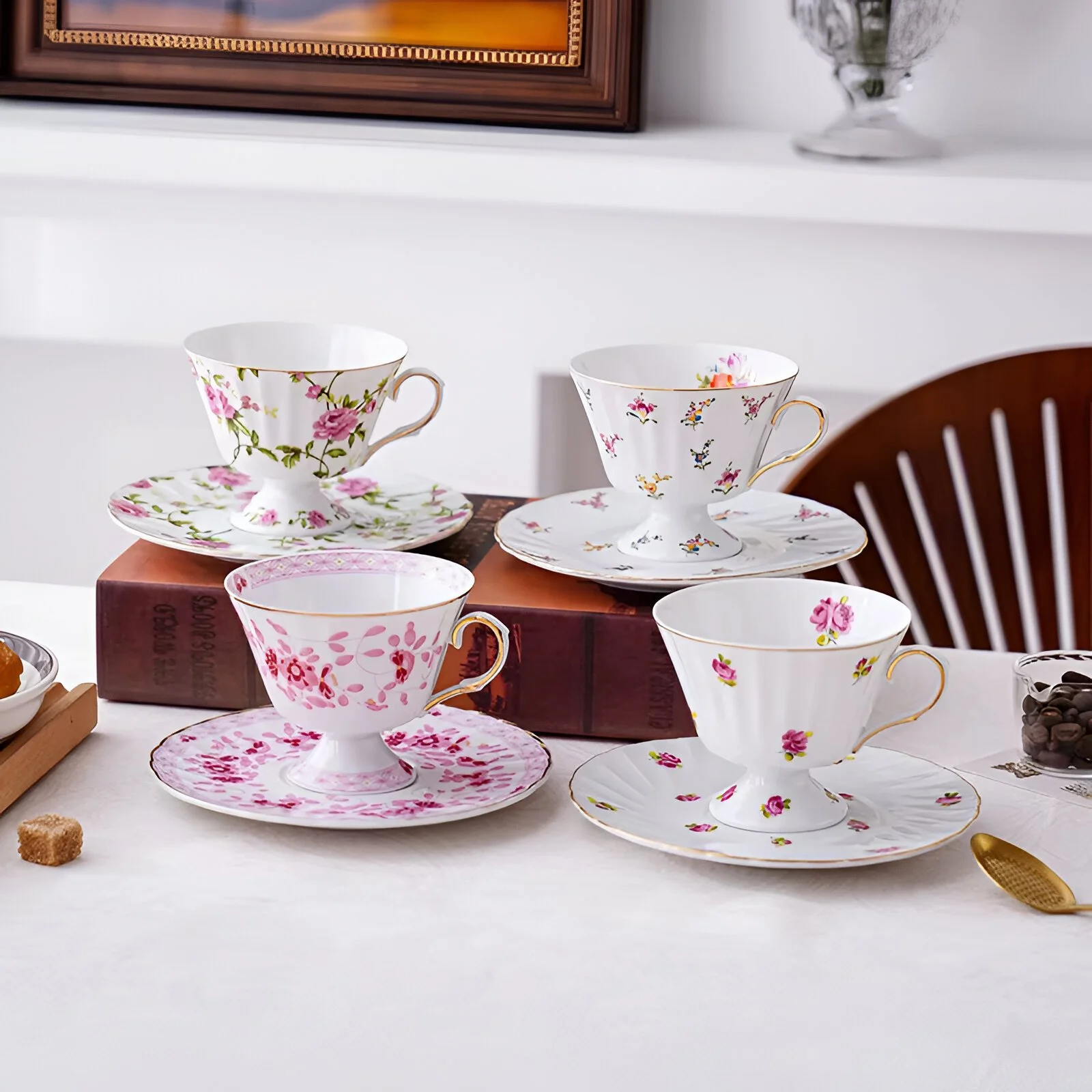 Elegant Floral Ceramic Tea Cup & Dessert Plate Set