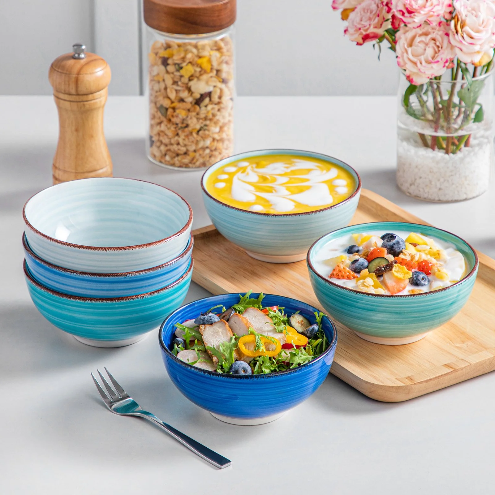 Vintage Hand-Painted Porcelain Serving Bowls Set, 6-Piece Large Soup & Ramen Bowls