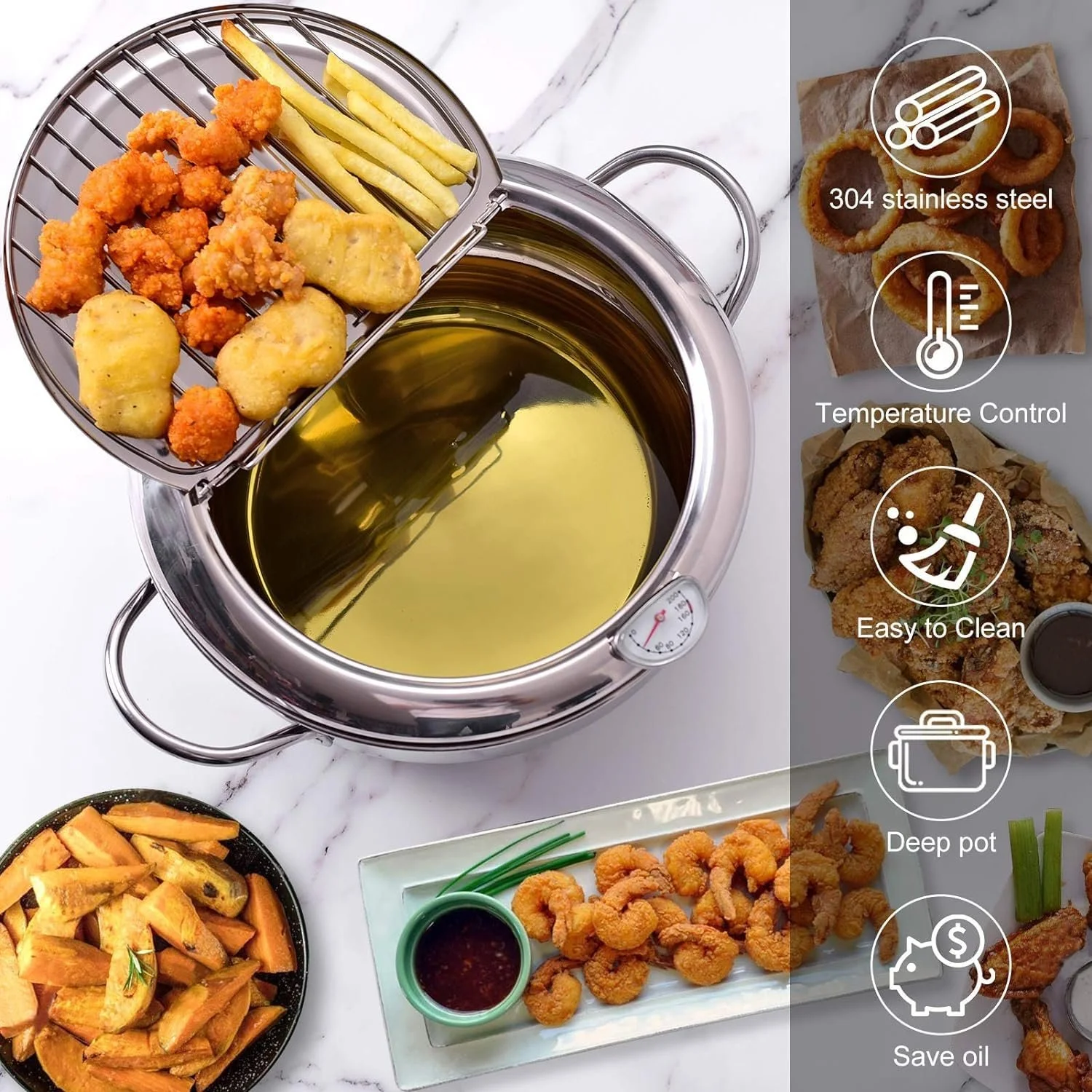 Stainless Steel Deep Frying Pot with Thermometer and Lid for Home Cooking