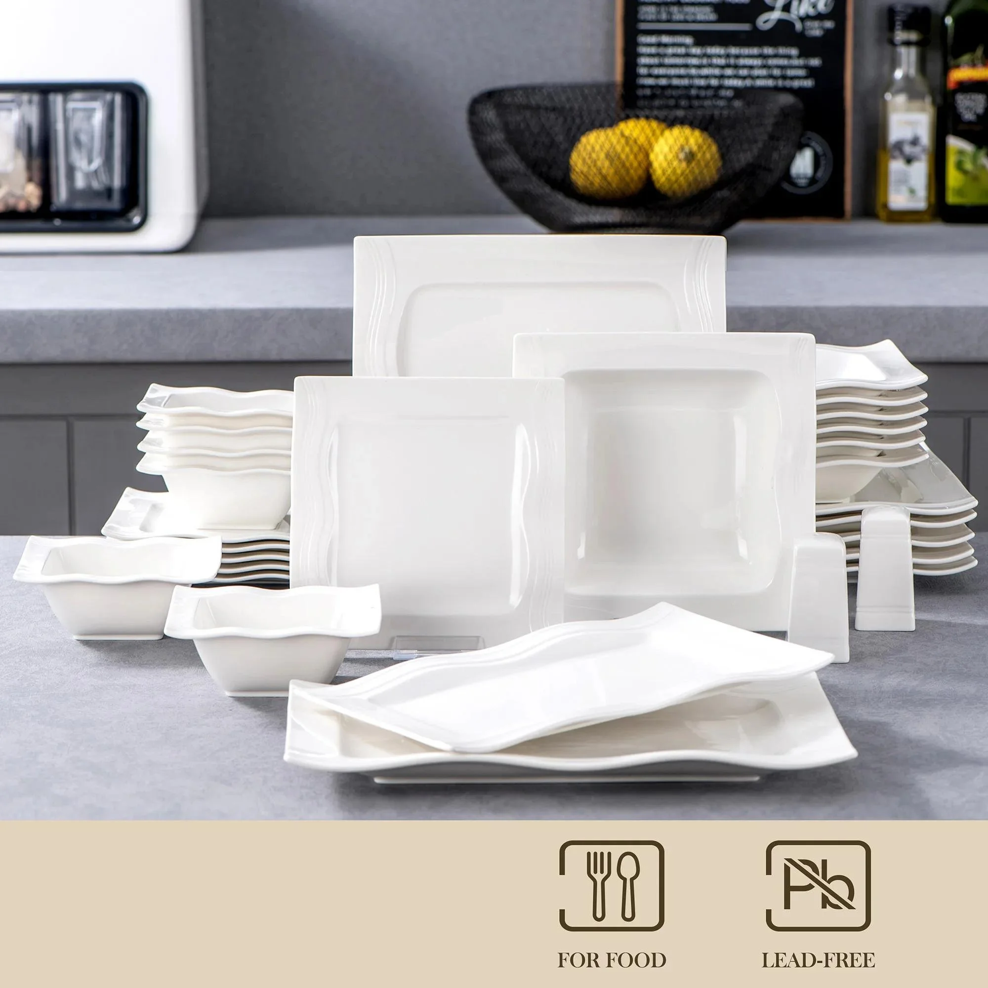 28-Piece Square White Porcelain Dinnerware Set with Plates, Bowls & Shakers