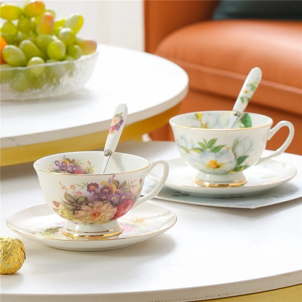 Luxury Bone China Coffee & Tea Cup Set with Saucer & Spoon