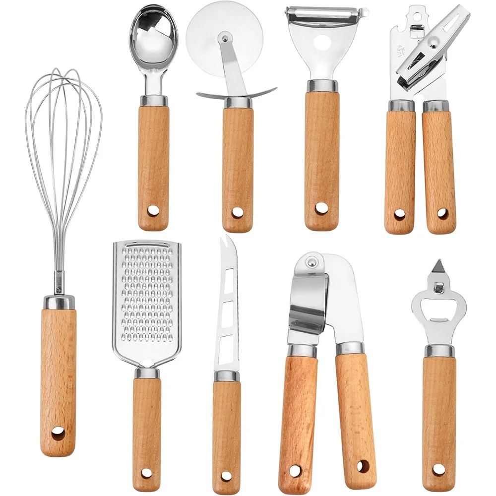 Stainless Steel Kitchen Gadget Set with Wooden Handles & Pizza Cutter