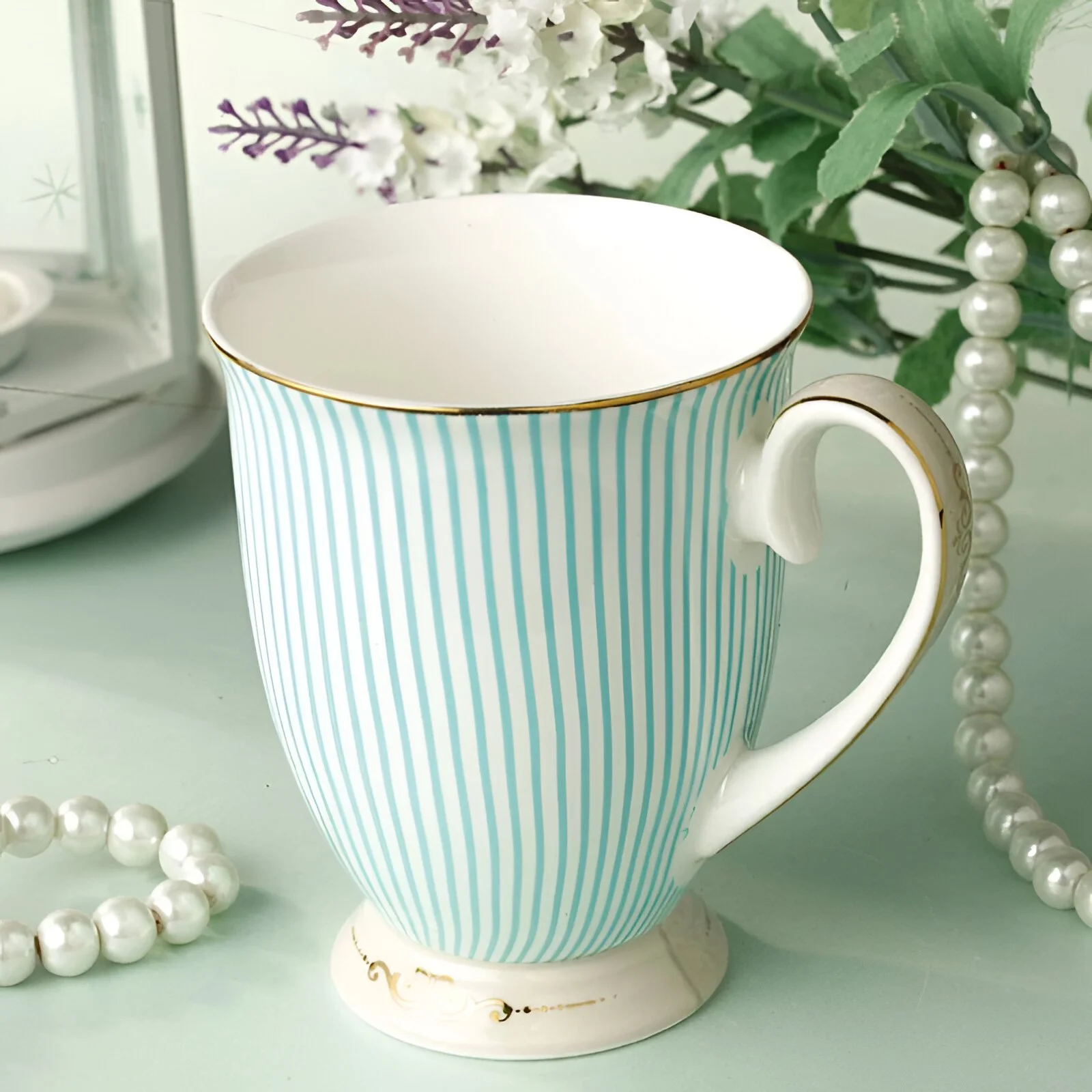 Elegant Bone China Tea Cups with Golden Stripes (300ml)