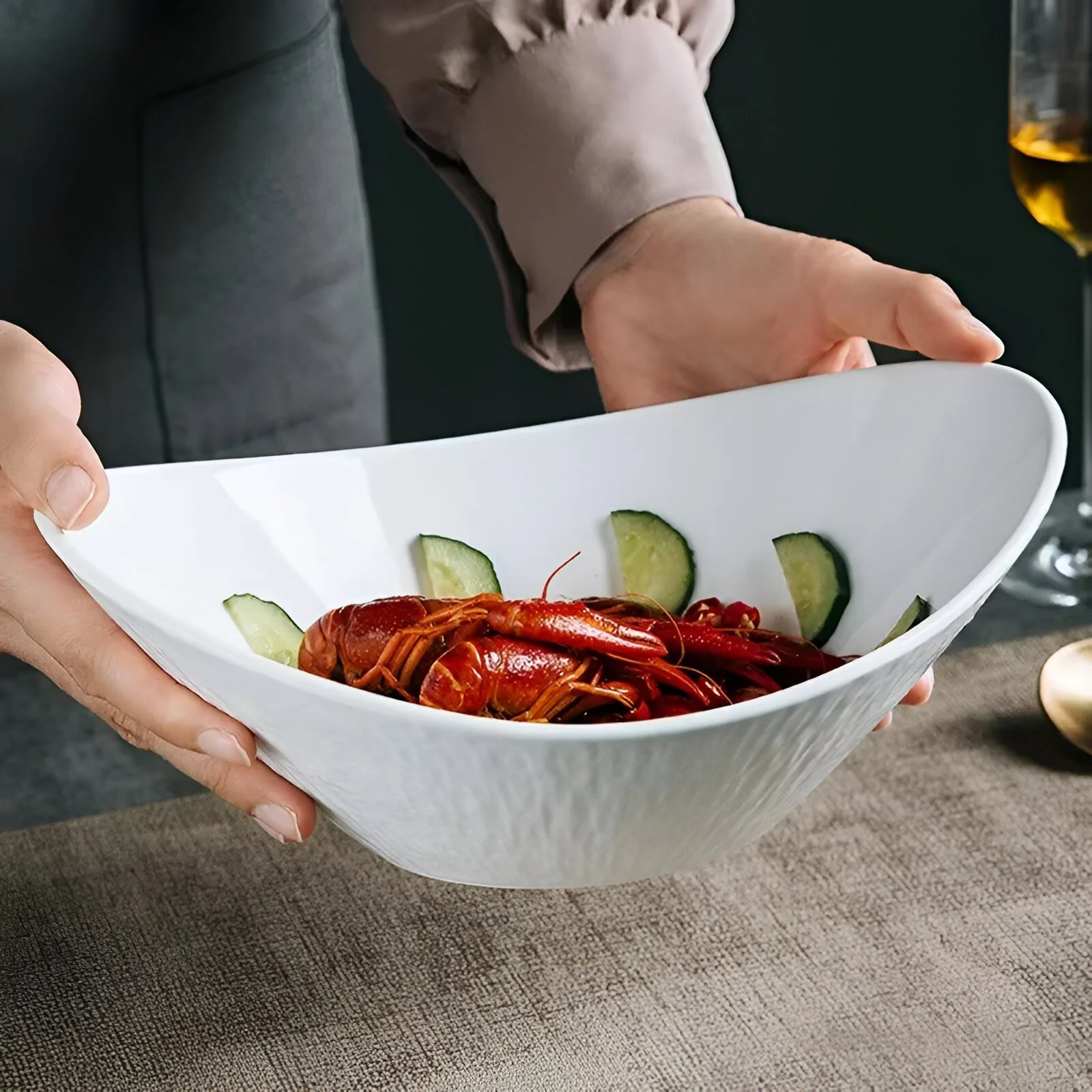 Korean Style Ceramic Oblique Hot Pot & Salad Bowl
