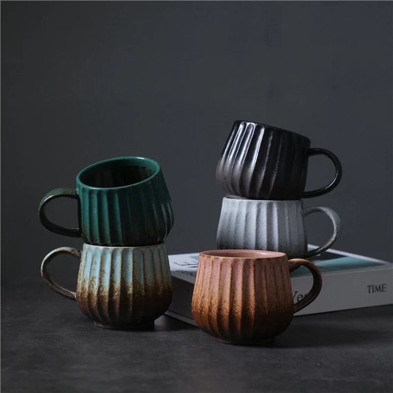Japanese Retro Ceramic Stripe Mug – Stylish Irregular Coffee Cup