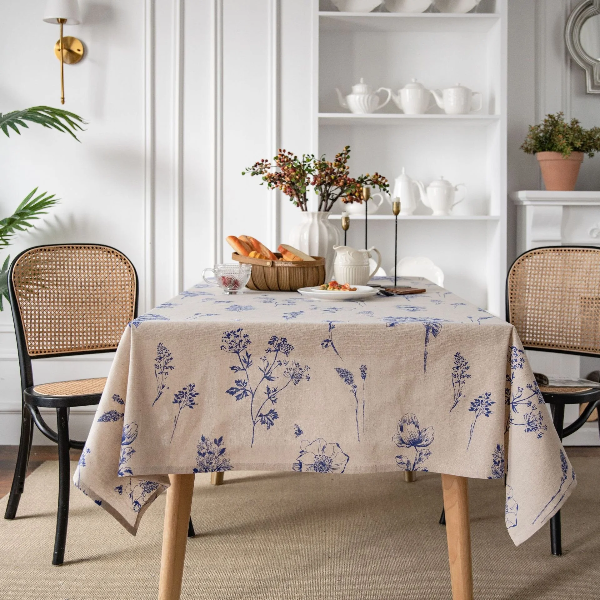 Honeybee Floral Cotton Linen Rectangle Tablecloth for Dining & Decor