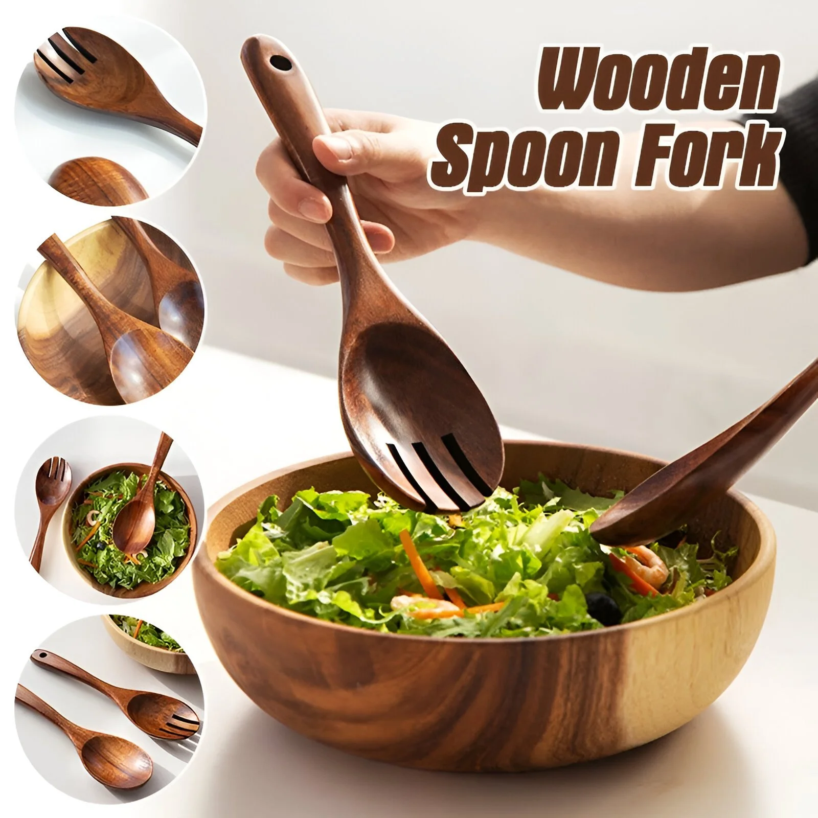 Japanese Style Wooden Salad Serving Spoon & Fork Set