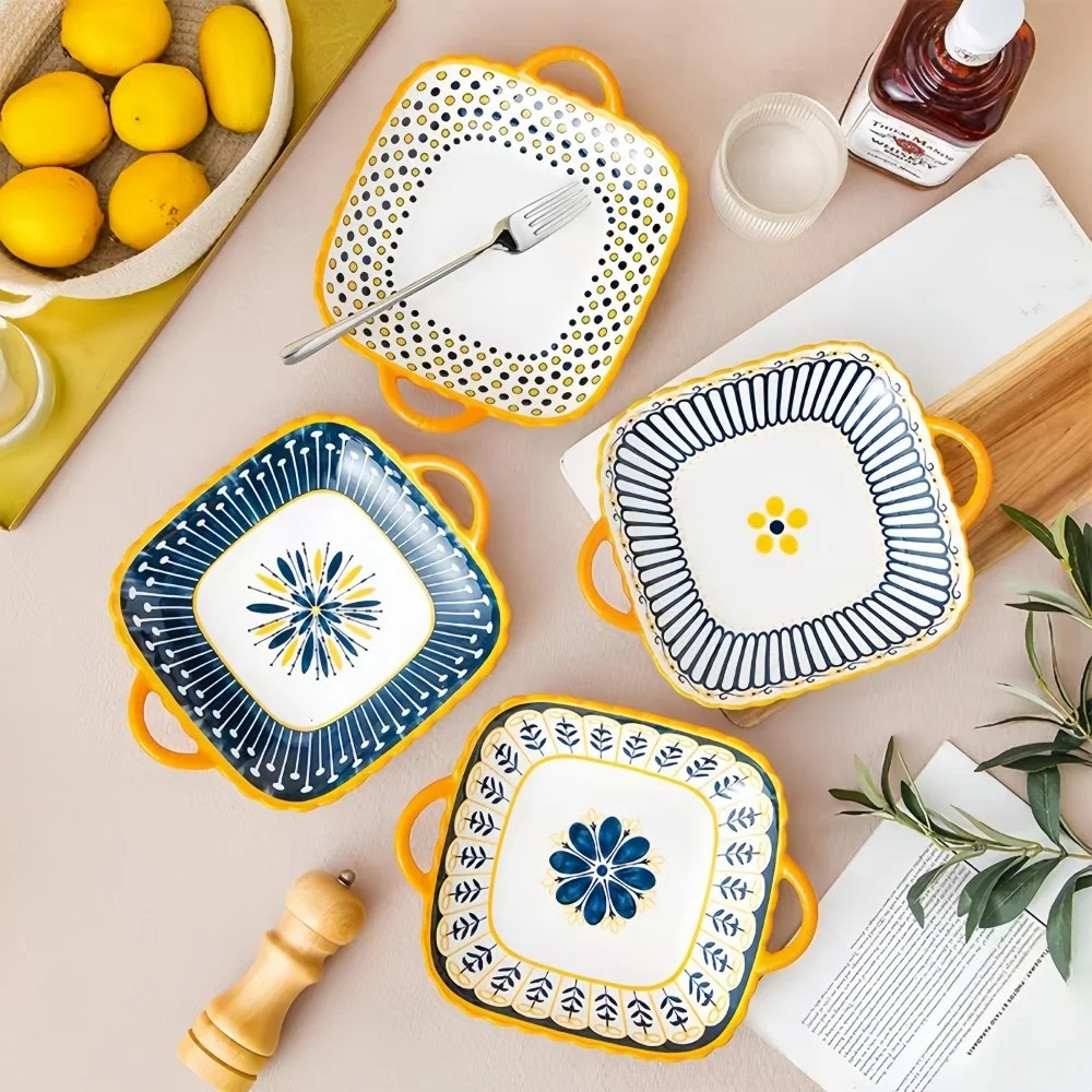 Japanese Style Square Ceramic Plates with Double Handles