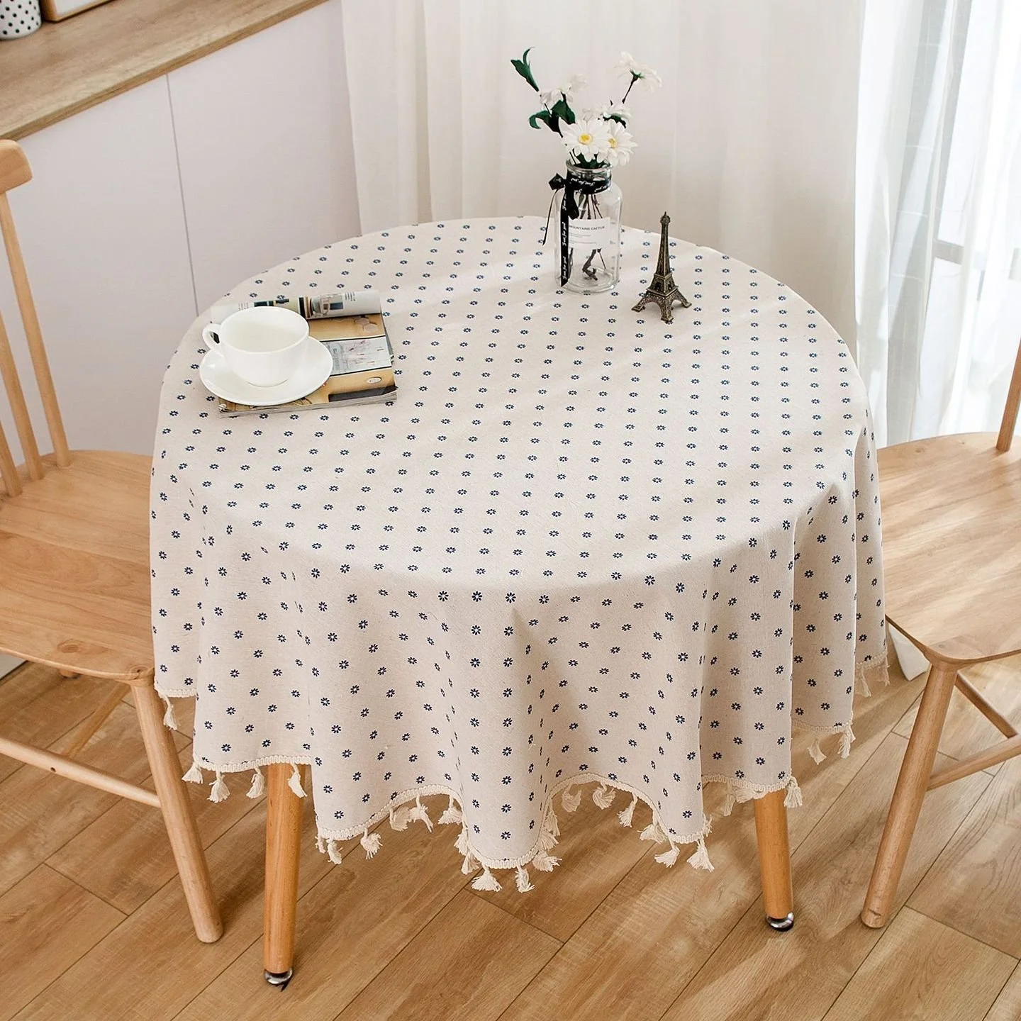 Round Cotton Linen Floral Tablecloth with Tassels for Dining & Decor