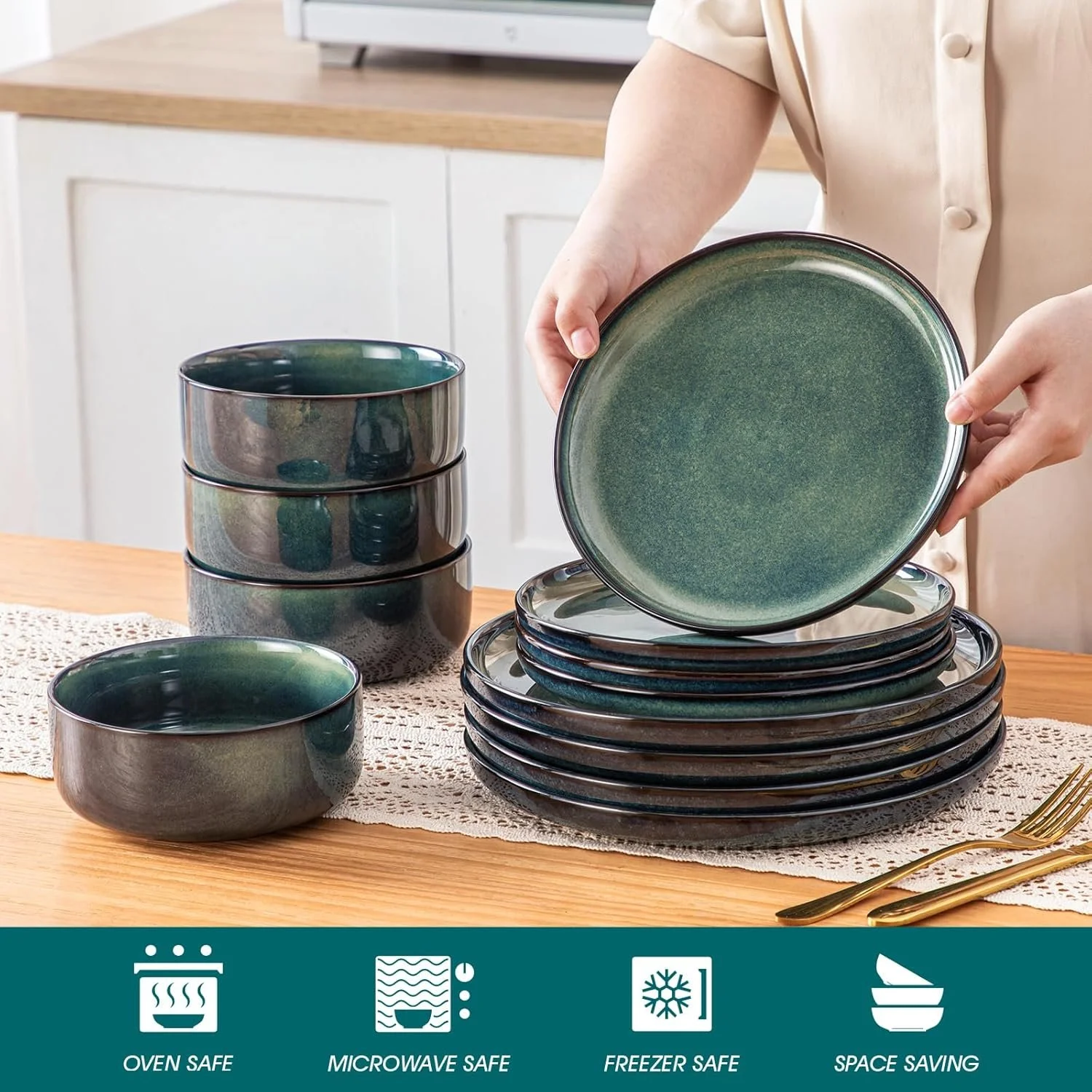 Green Reactive Glaze 12-Piece Ceramic Dinnerware Set for 4