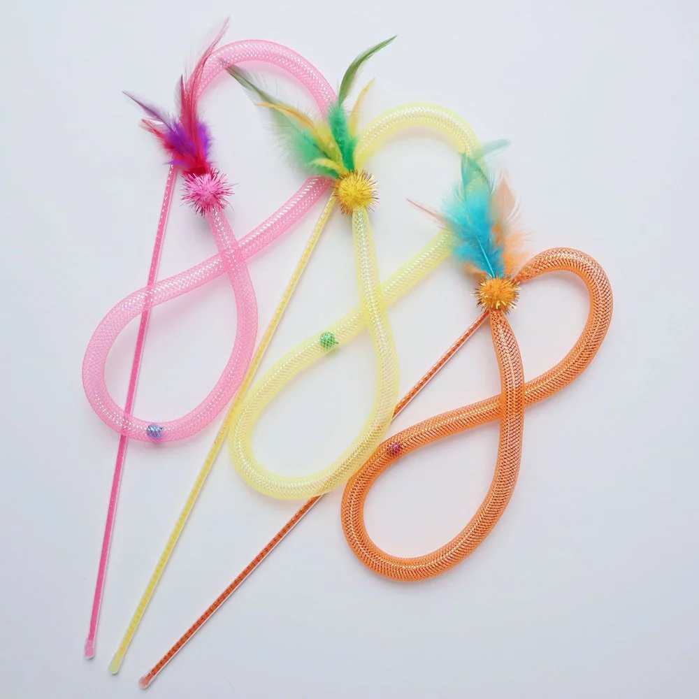 3pcs Feather Teasing Cat Wand Toy Set with Elastic Mesh Tube