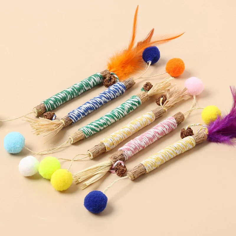 Natural Wooden Cat Chew Stick with Sisal Ball, Feather & Plush for Dental Play