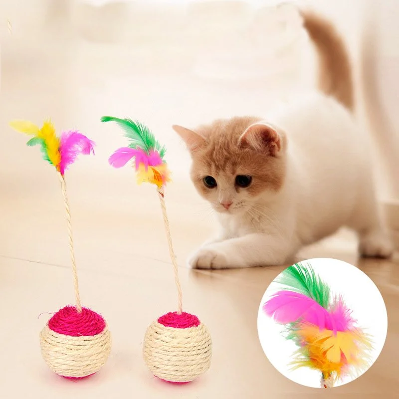 Interactive Sisal Scratching Ball Cat Toy with Feather for Kittens & Cats