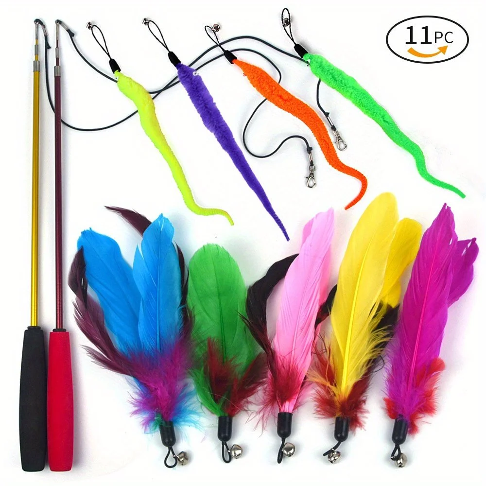 11-Pack Retractable Feather Cat Wand Toys