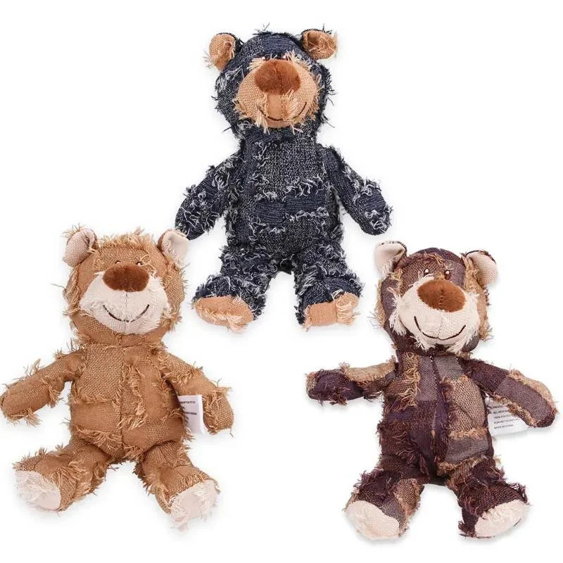 Interactive Patchwork Bear Plush Dog Toy – Bite Resistant & Teeth Cleaning