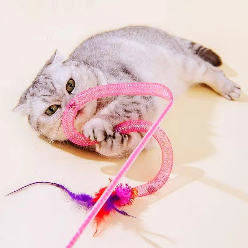 Interactive Cat Teaser Wand with Feather, Bell and Wool Ball Toy
