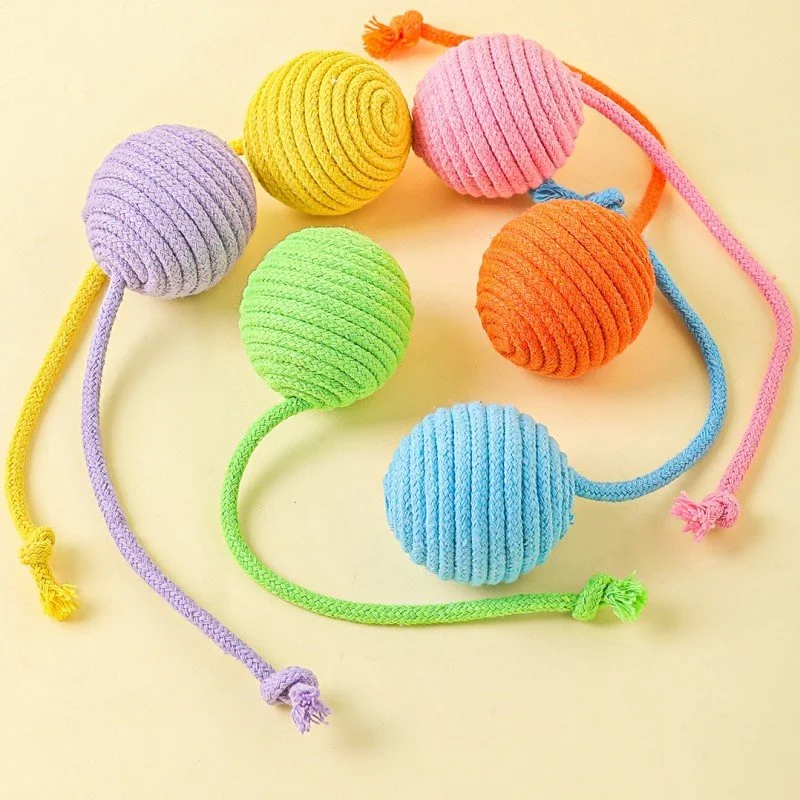 Interactive Cat Toy - Colorful Cotton Ball with Knot Ropes