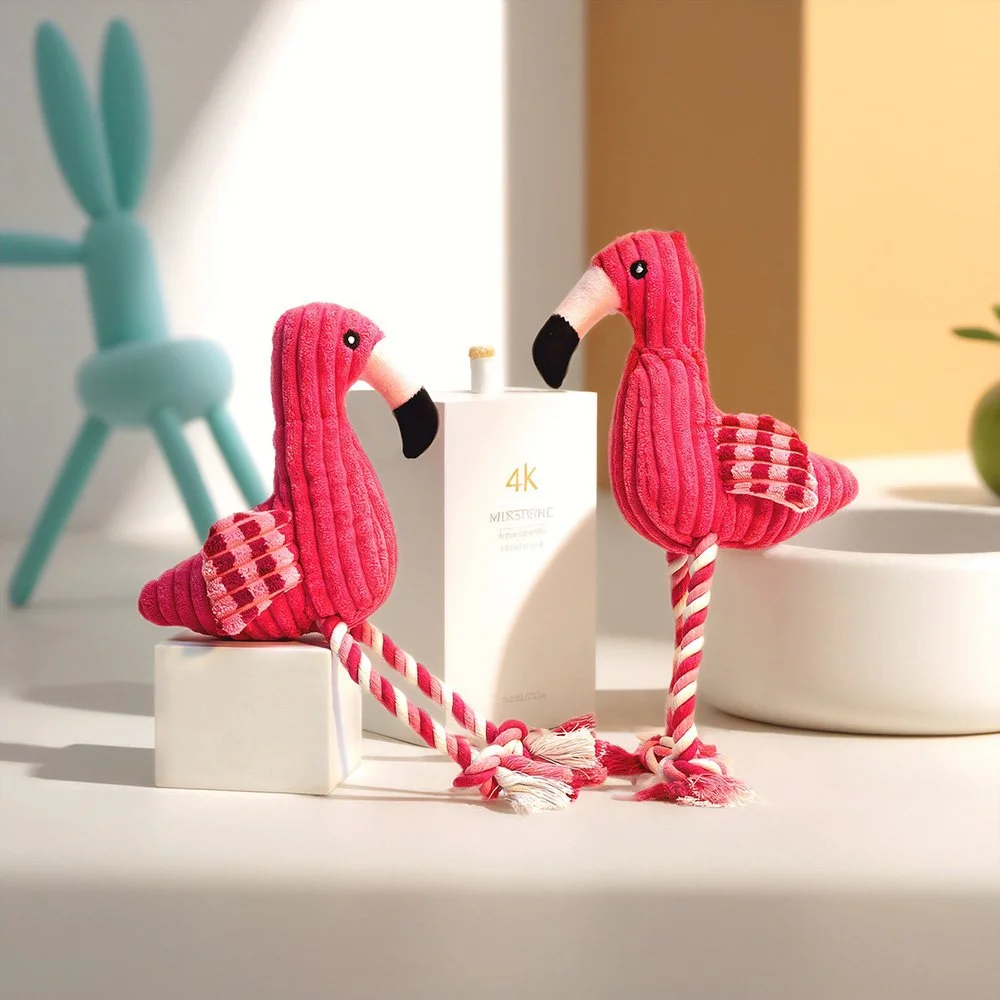 Flamingo Dog Plush Chew Toy with Squeaker & Rope Knot – Durable Corduroy Fun