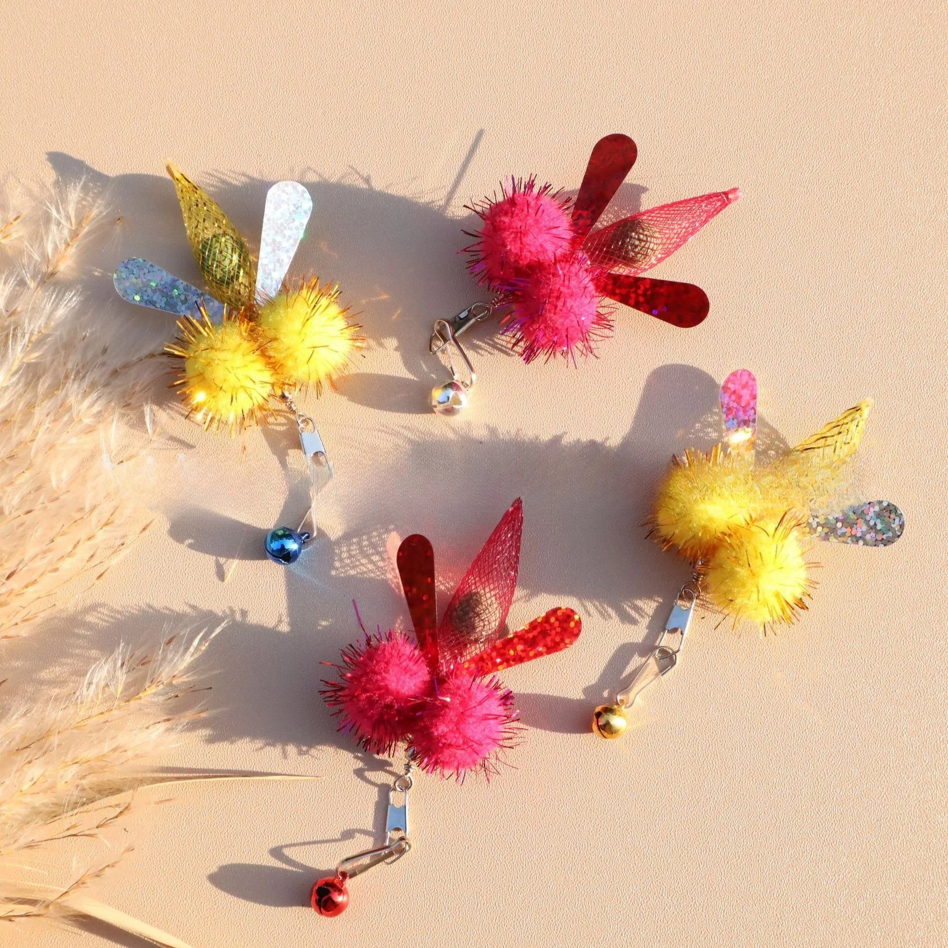 2pcs Plush Fly Cat Teaser Wand with Changeable Heads & Catnip Ball