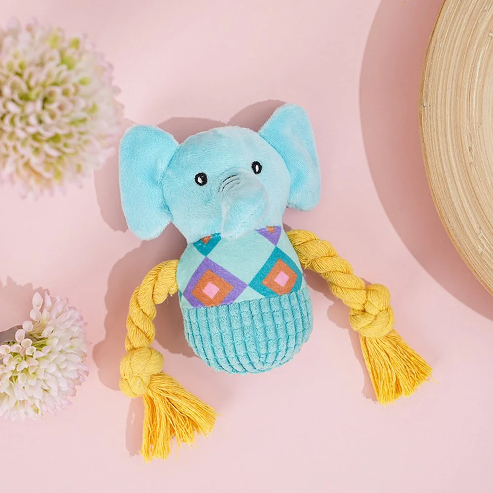 Blue Elephant Squeaky Rope Plush Chew Toy for Small Dogs