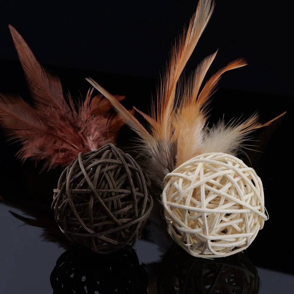 Hand-Woven Rattan Feather Ball Toy for Cats