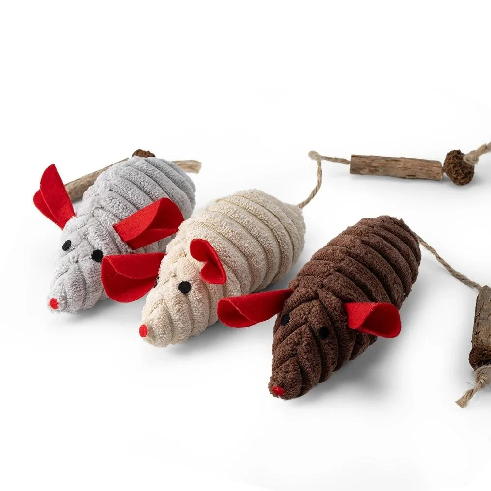 3-Pack Plush Mouse Cat Teaser Toy Set with Interactive Sticks