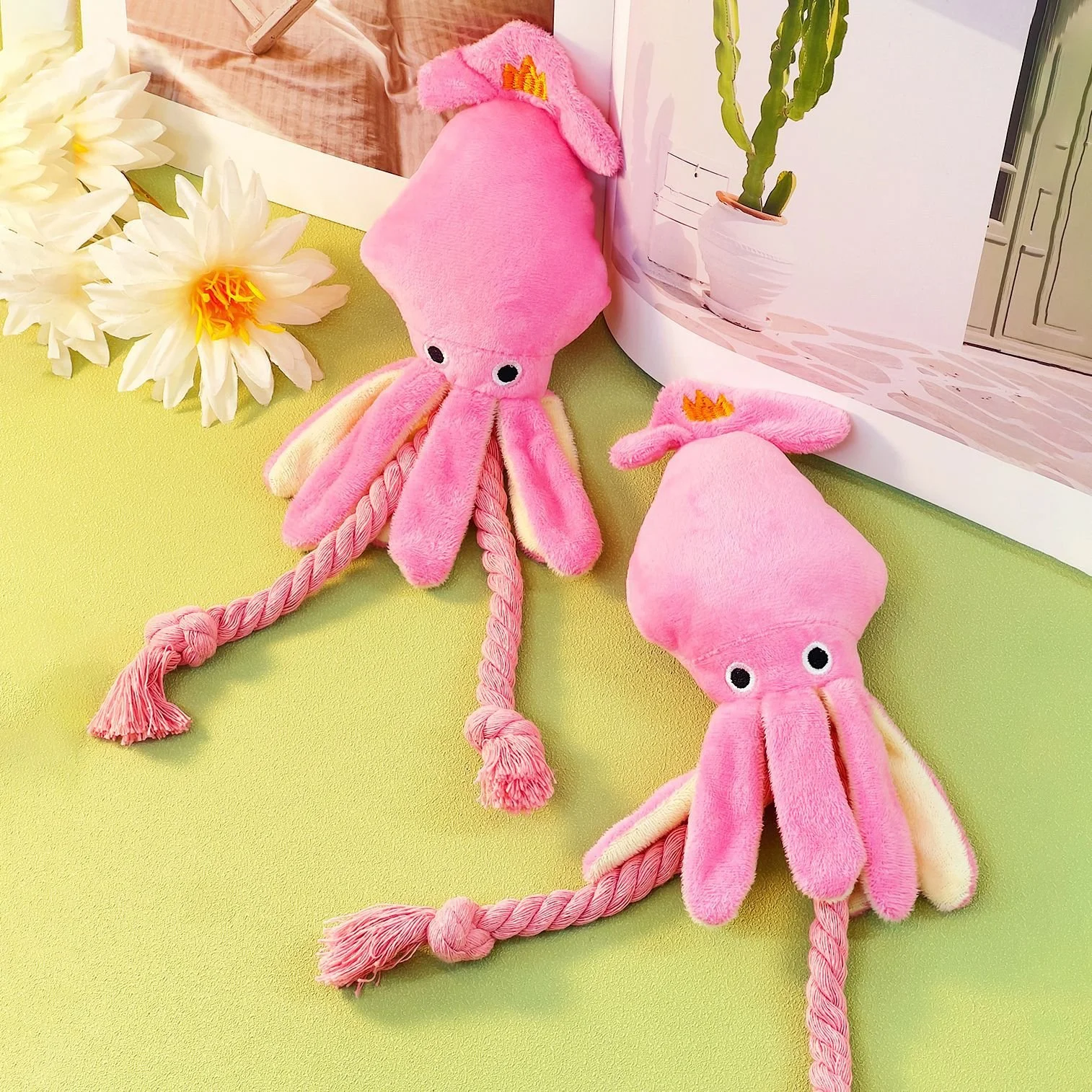 Cute Squid Rope Plush Squeaky Dog Toy in Pink for Small Pets