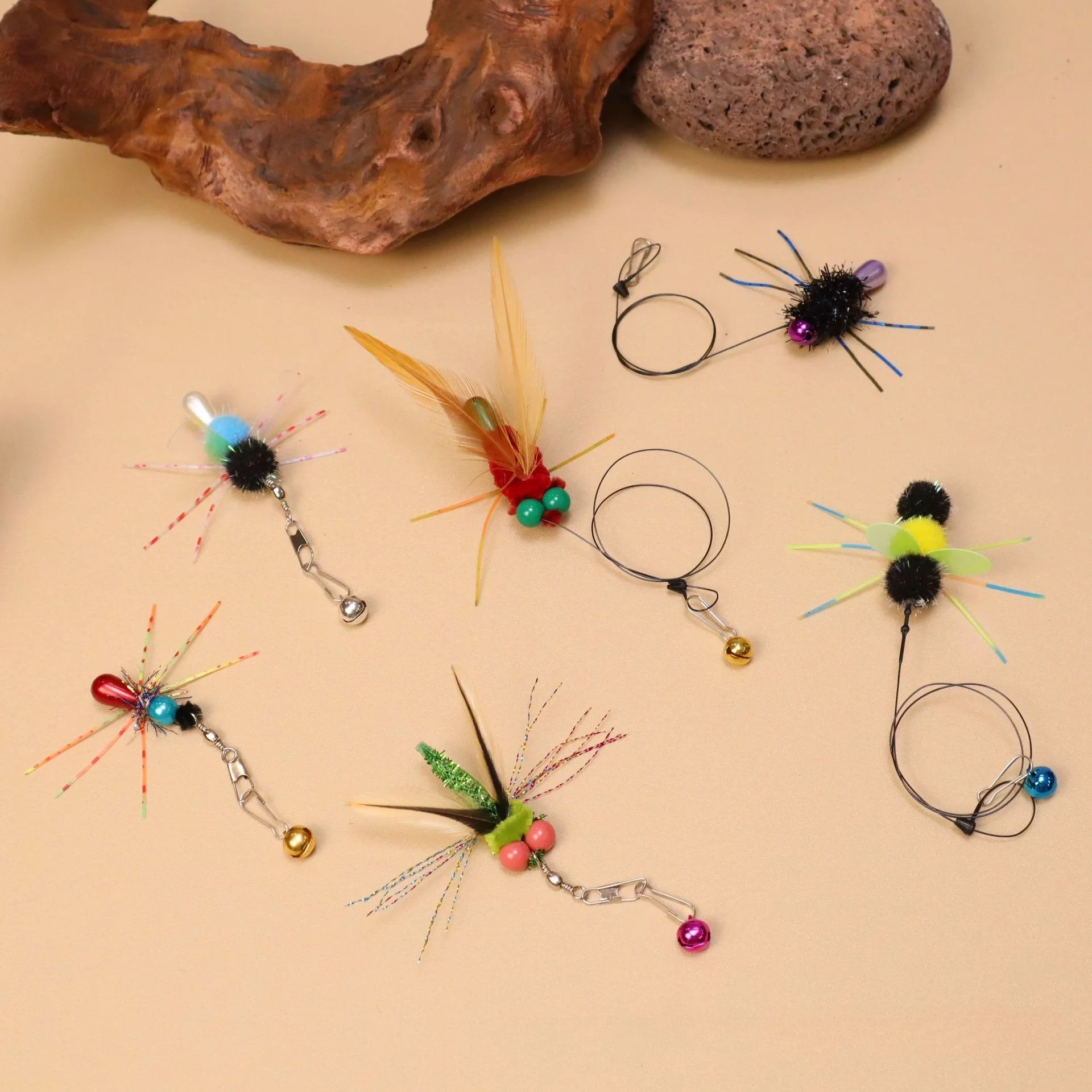 Interactive Insect Cat Teaser Wand Heads Set – 3 Colorful Feather Toys