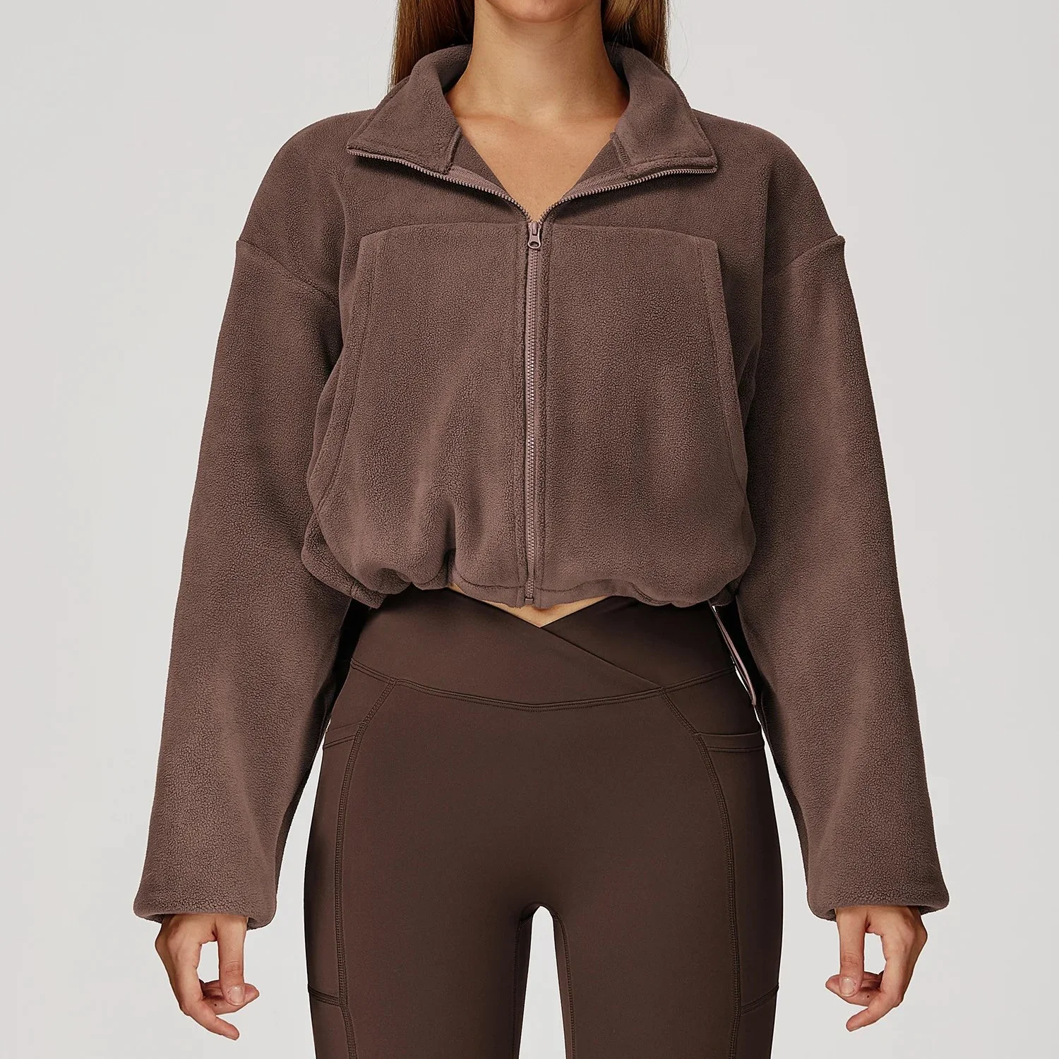 Women’s Thermal Fleece Windproof Jacket with Stand-Up Collar & Drawstring Waist