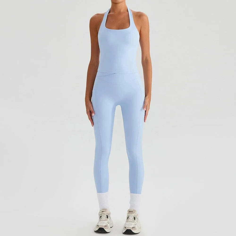 Women's Quick-Dry Sports Set - High-Waisted Leggings & Shockproof Tank Top Halter Neck