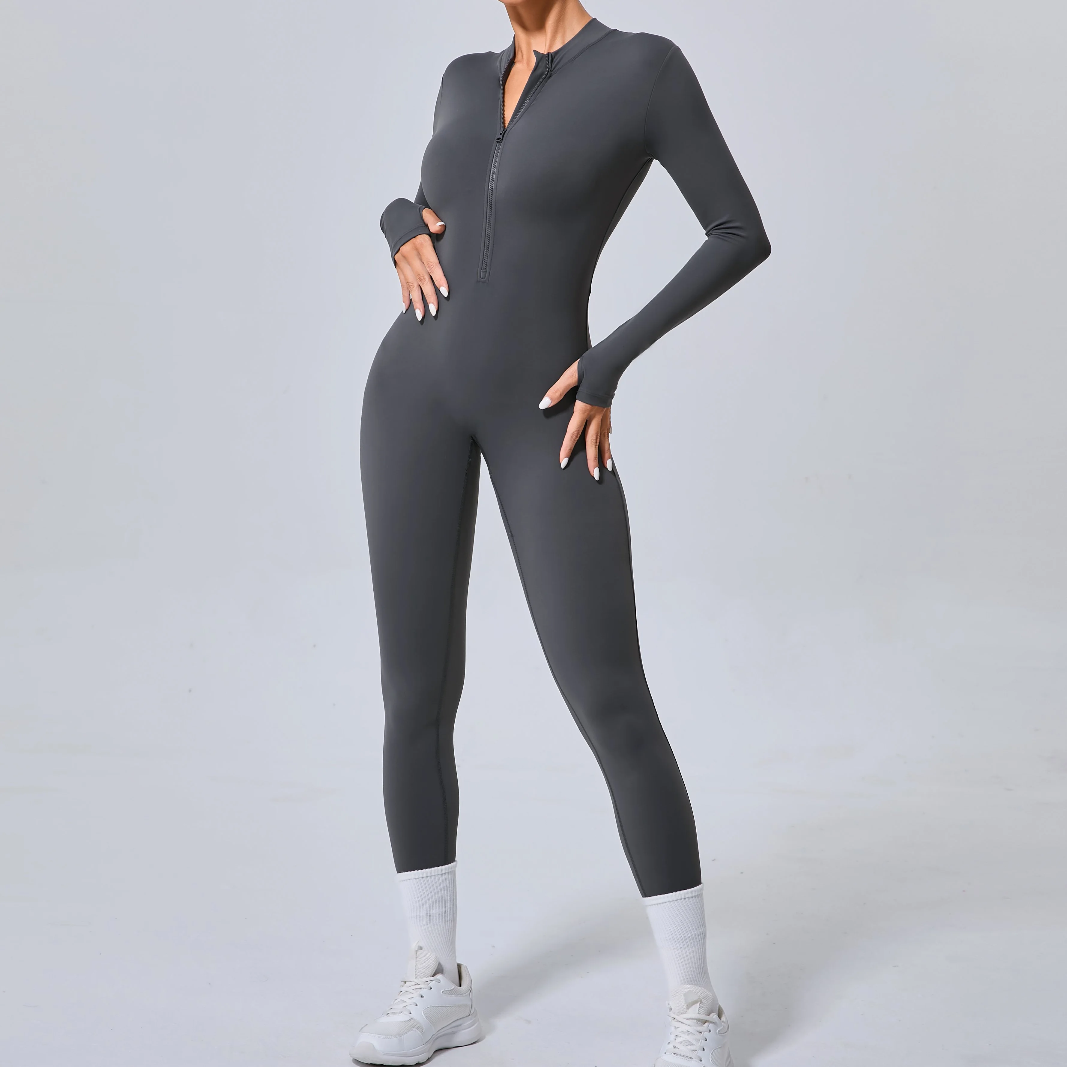 Women’s Seamless Long-Sleeve Yoga Jumpsuit with Zipper