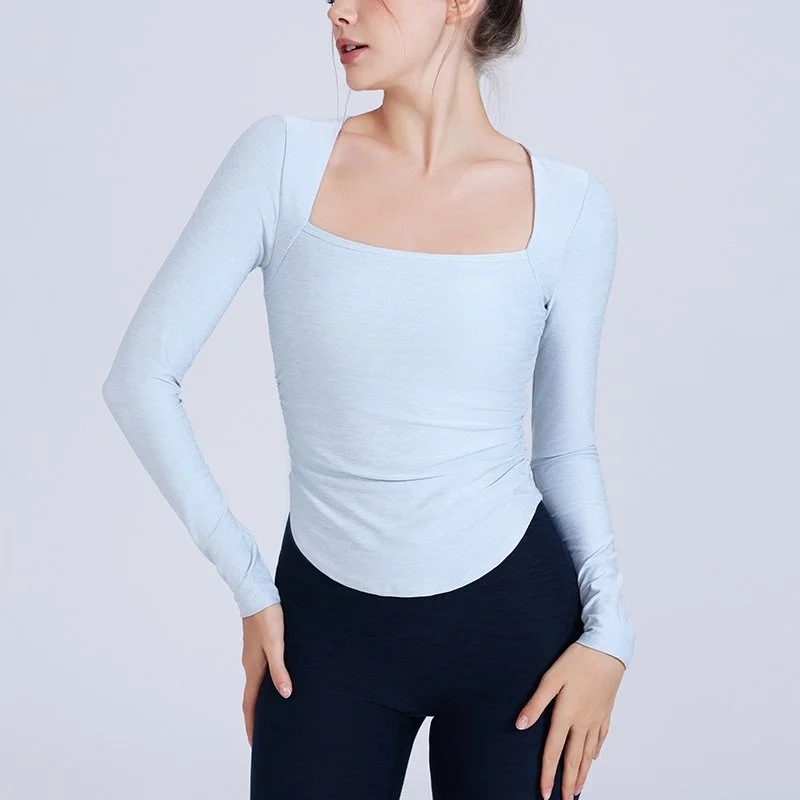 Women’s Long Sleeve Yoga Shirt with Square Neckline and Chest Pads