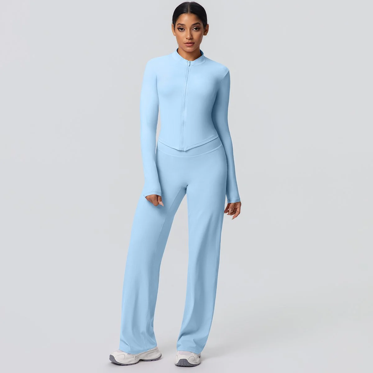 Quick-Dry Yoga Set with Zip Long Sleeve Top & High-Waist Wide Leg Pants