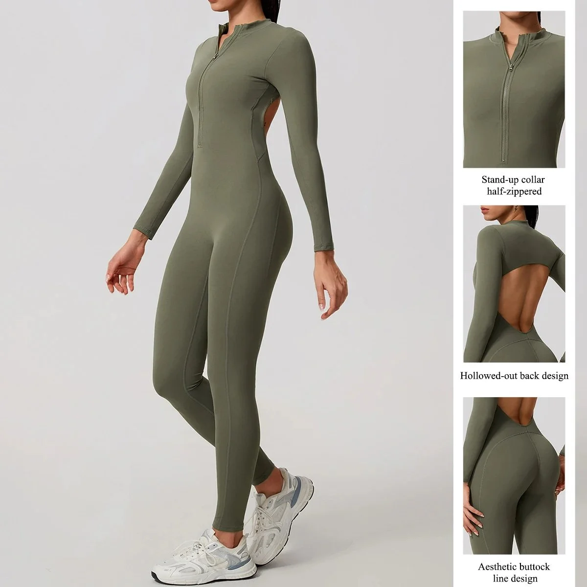 Long Sleeve Sculpting Yoga Jumpsuit with Zipper & Butt Lift Fit