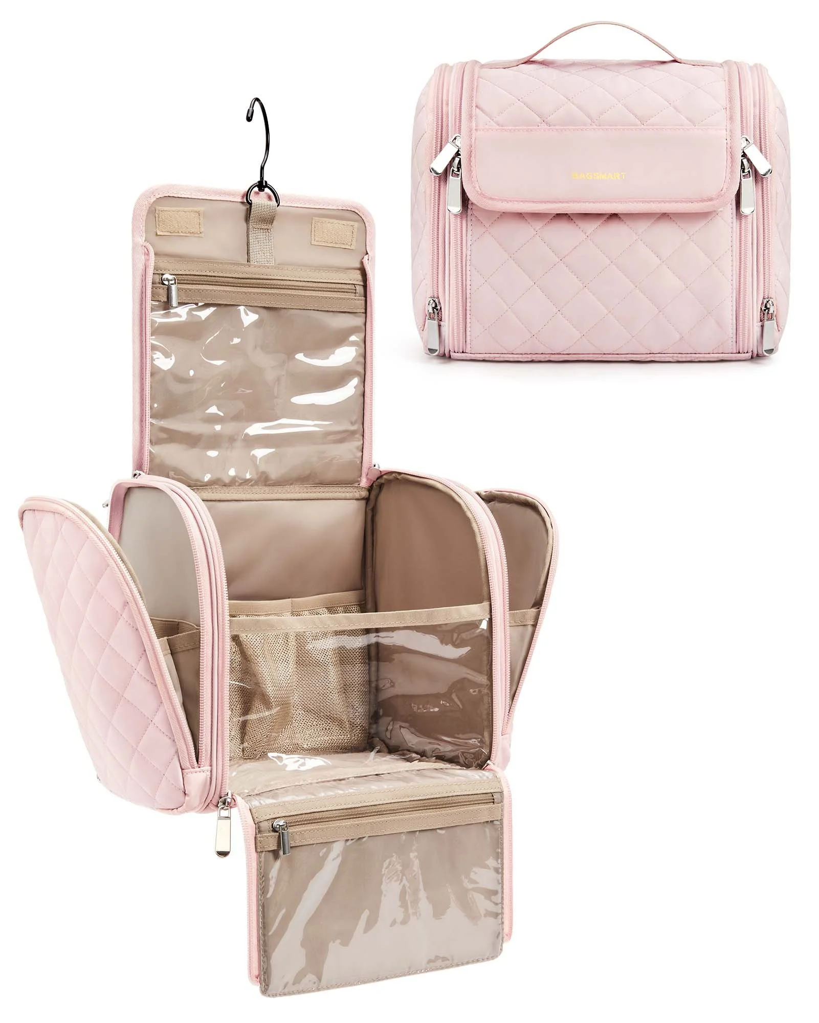 Hanging Waterproof Travel Makeup Bag with Clear Pockets & Hook