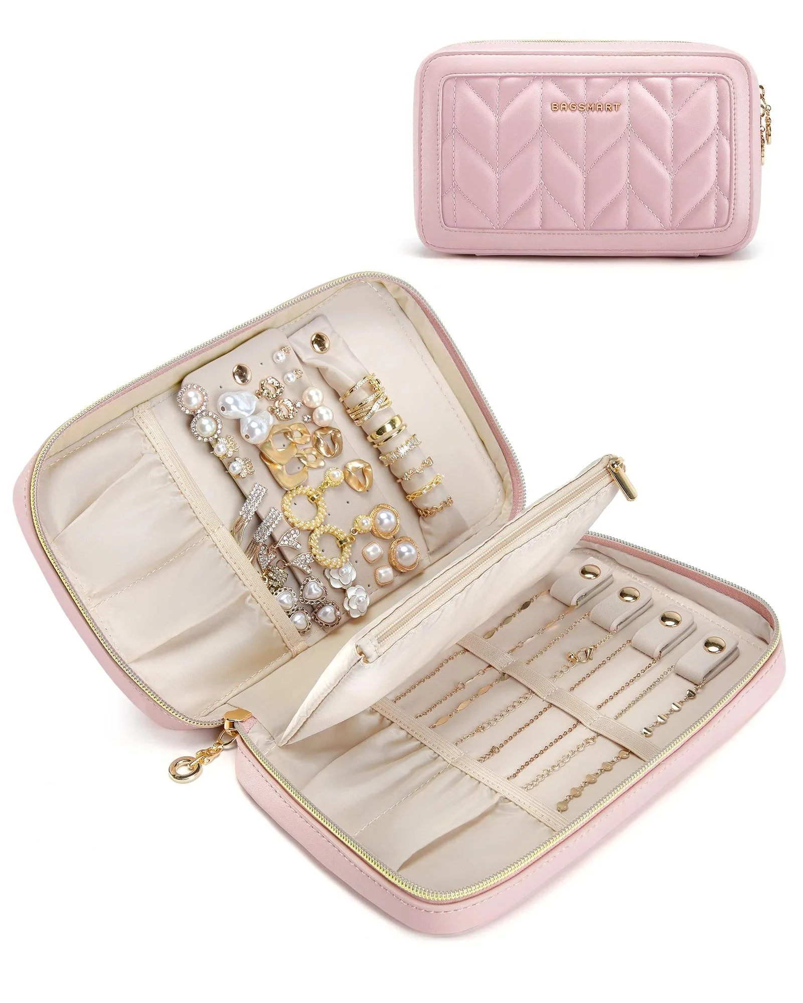 Compact Travel Jewelry Organizer Case with Necklace, Earring & Ring Storage