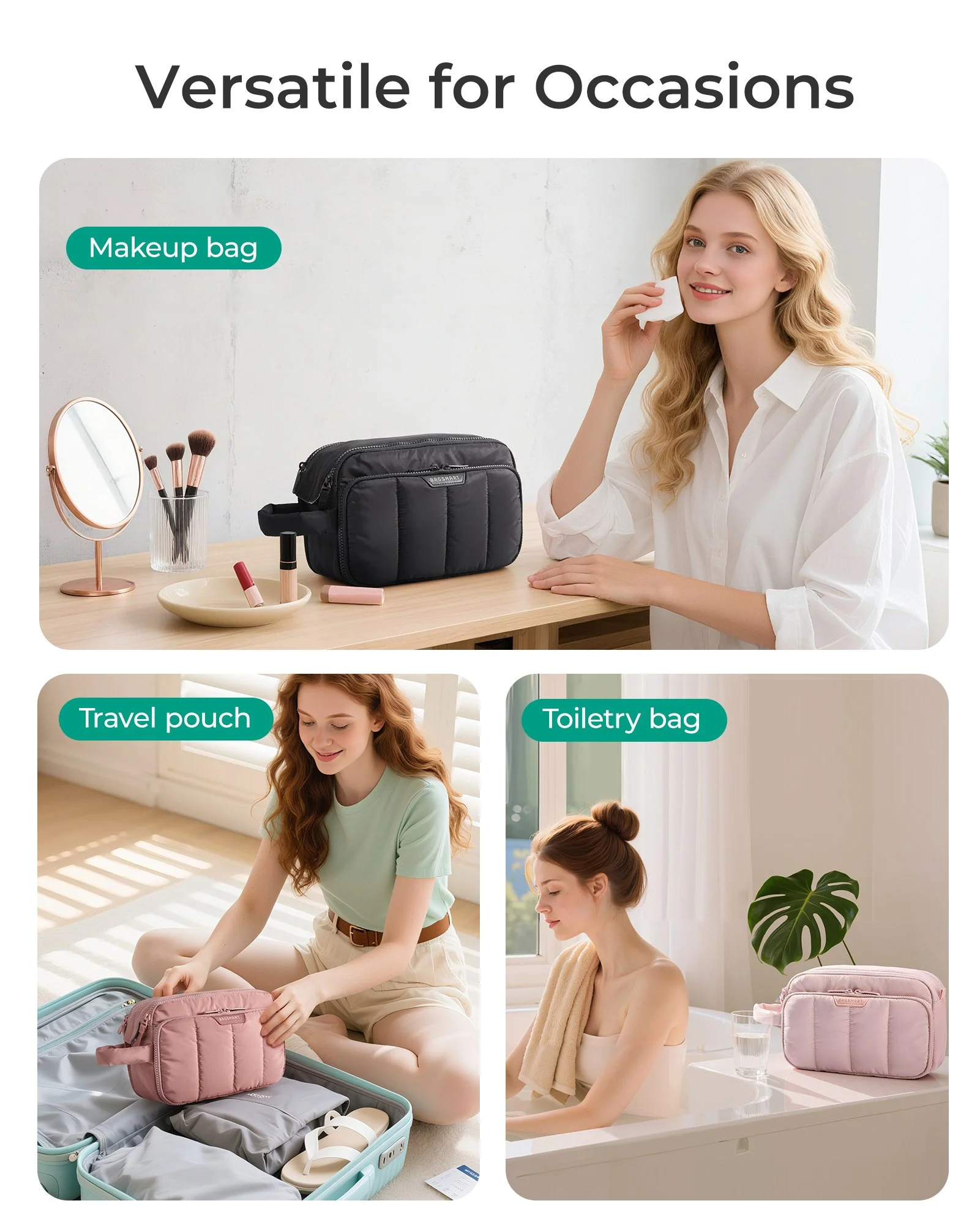 Travel Makeup Organizer with Wet Dry Compartments & Wide Opening