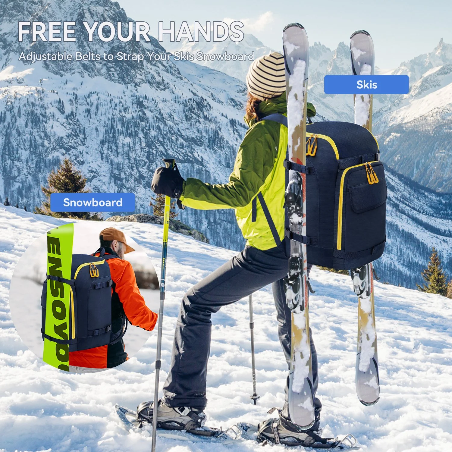 50L Waterproof Ski Boot & Gear Backpack with Helmet and Board Carry