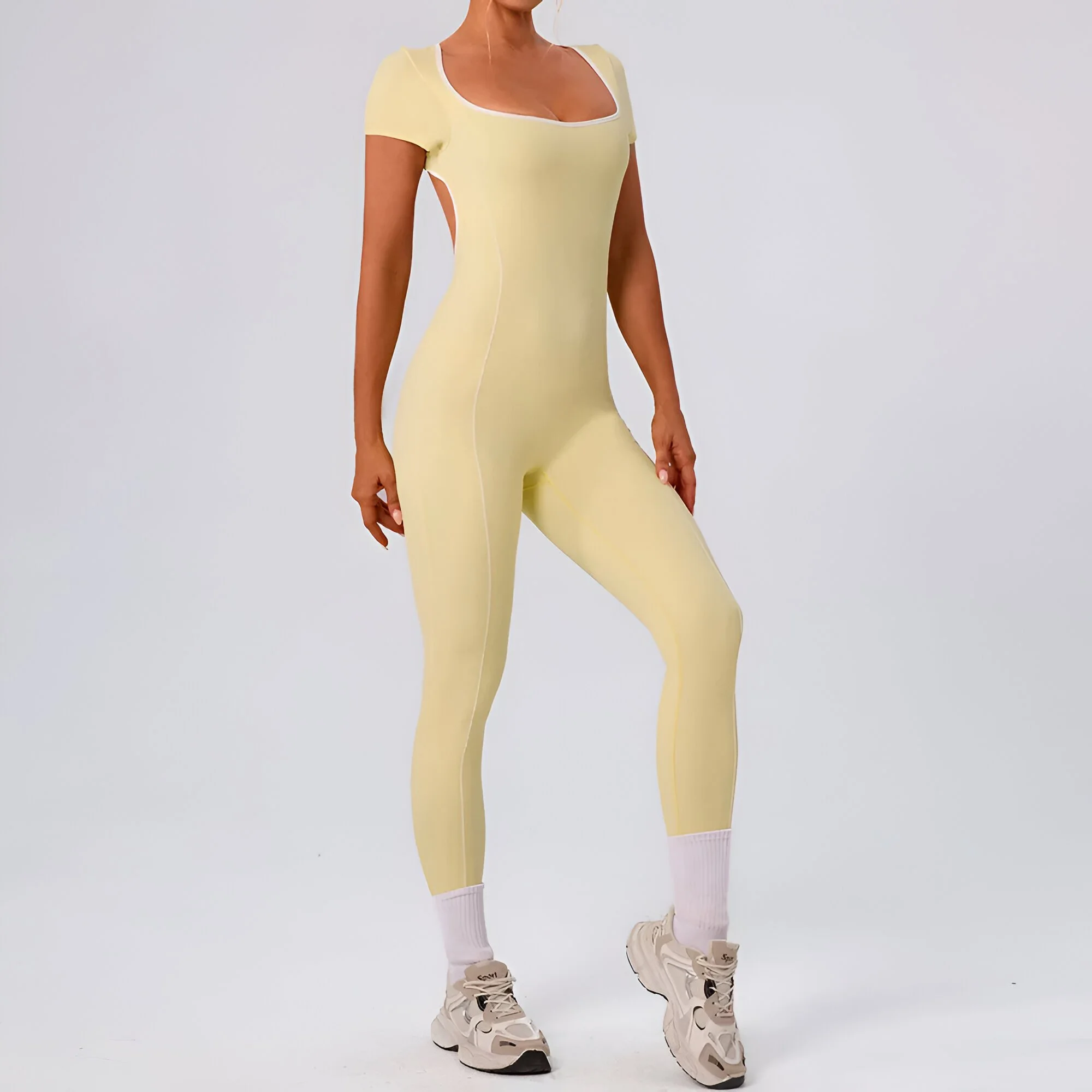 Backless Short Sleeve Yoga Bodysuit One-Piece Fitness Jumpsuit